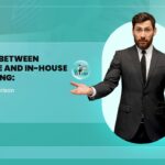Split image of in-house bookkeeper at desk and outsourced bookkeeper working remotely