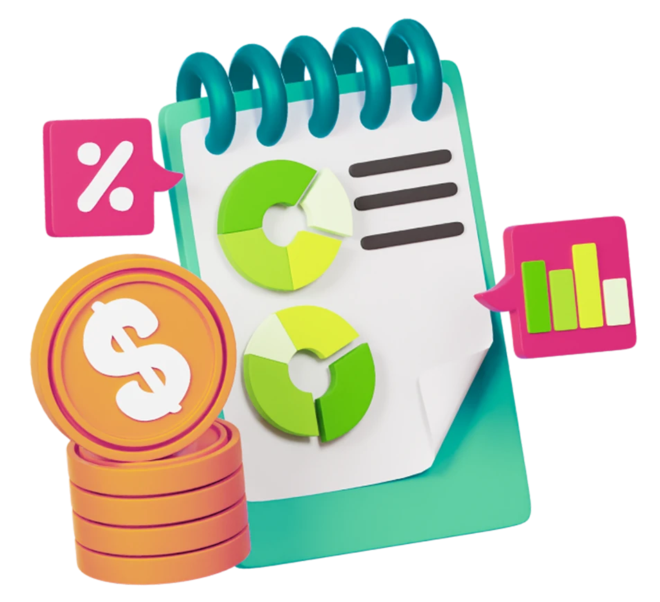 3D financial report notebook with pie charts and gold dollar coins