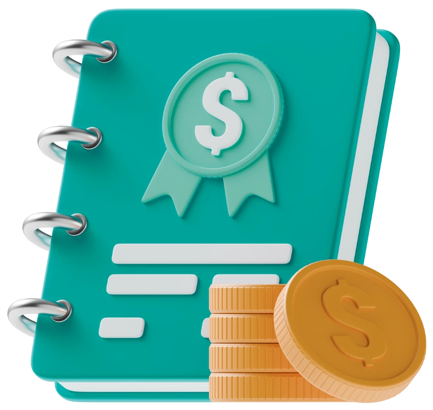 3D teal accounting ledger with a dollar badge and stacked gold coins
