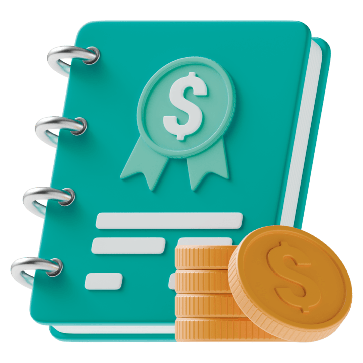 3D teal ledger with dollar badge and gold coins