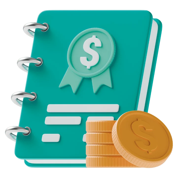 3D teal ledger with dollar badge and gold coins