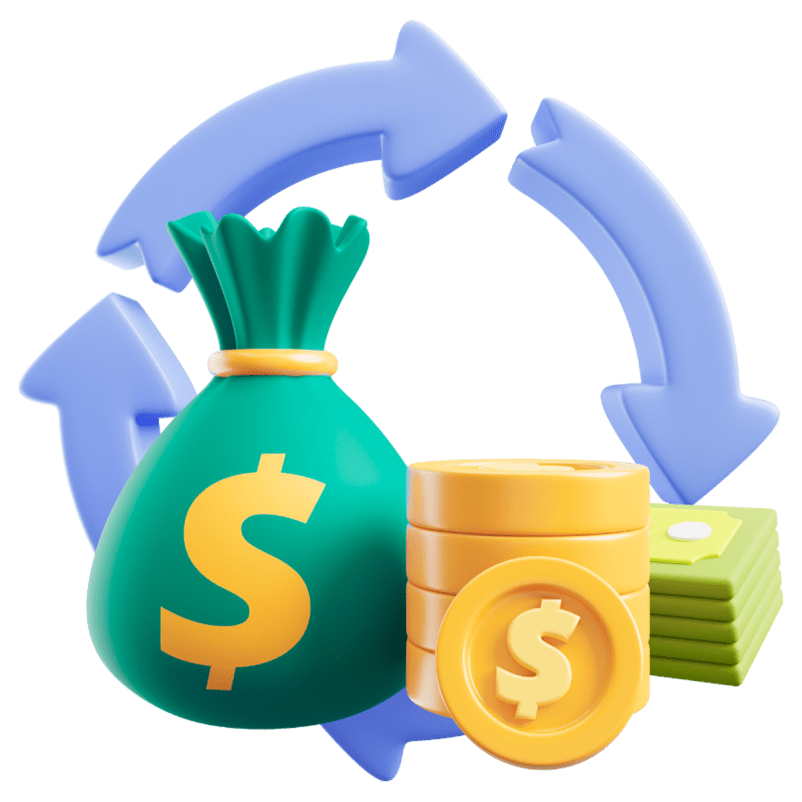 3D money bag and coins circled by cash-flow arrows