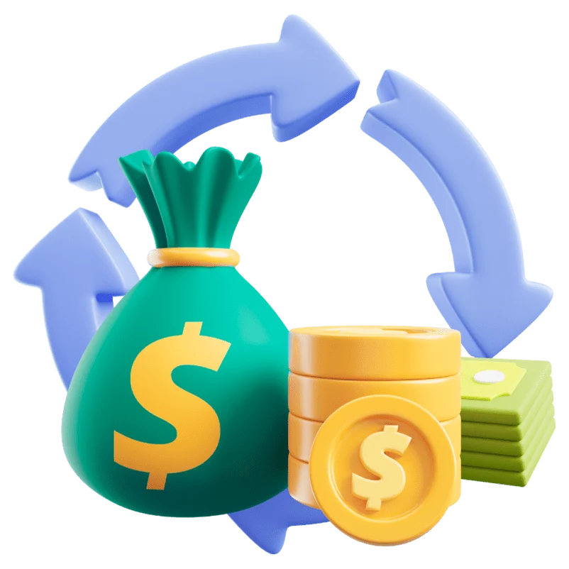 3D money bag and coins circled by cash-flow arrows