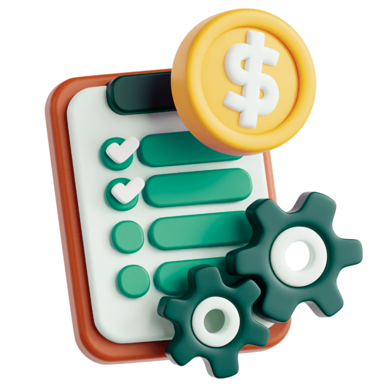 3D checklist clipboard with gears and a gold coin