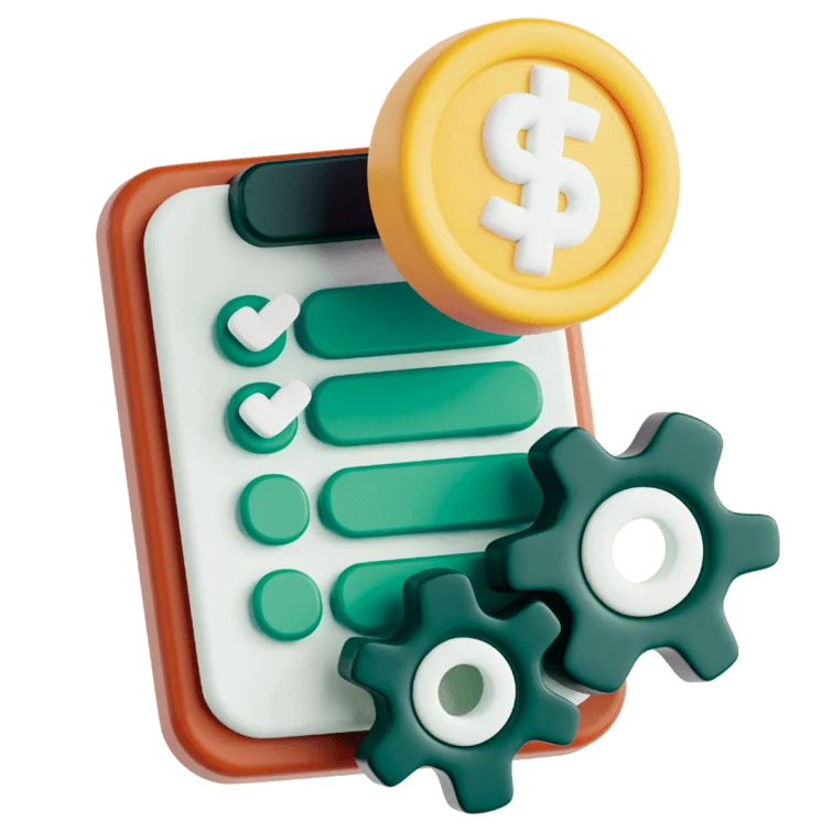 3D checklist clipboard with gears and a gold coin