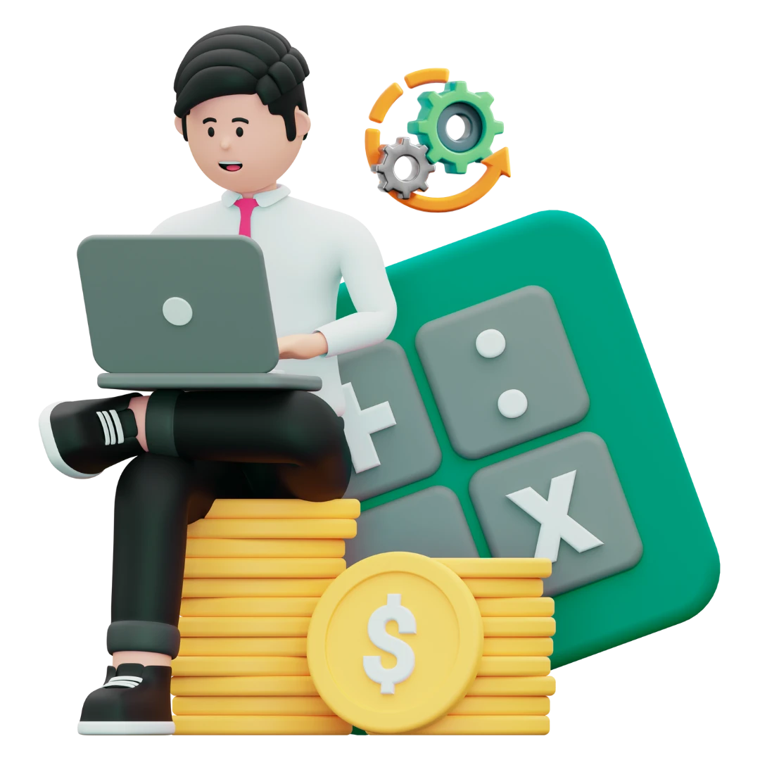 3D accountant working on a laptop while sitting on a calculator and coins