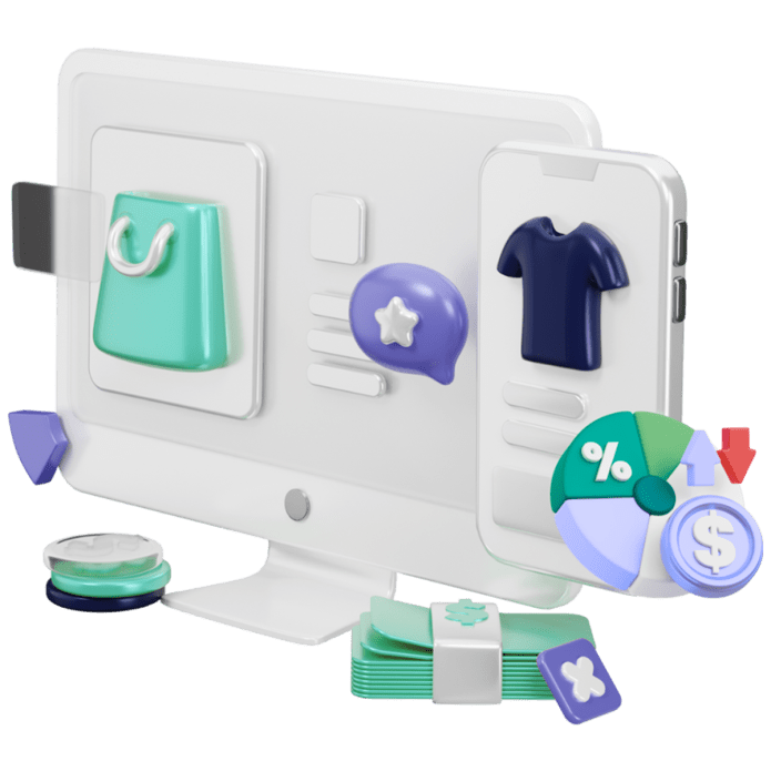 3D e-commerce storefront on a monitor with shopping icons
