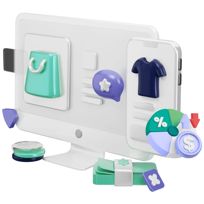 3D e-commerce storefront on a monitor with shopping icons