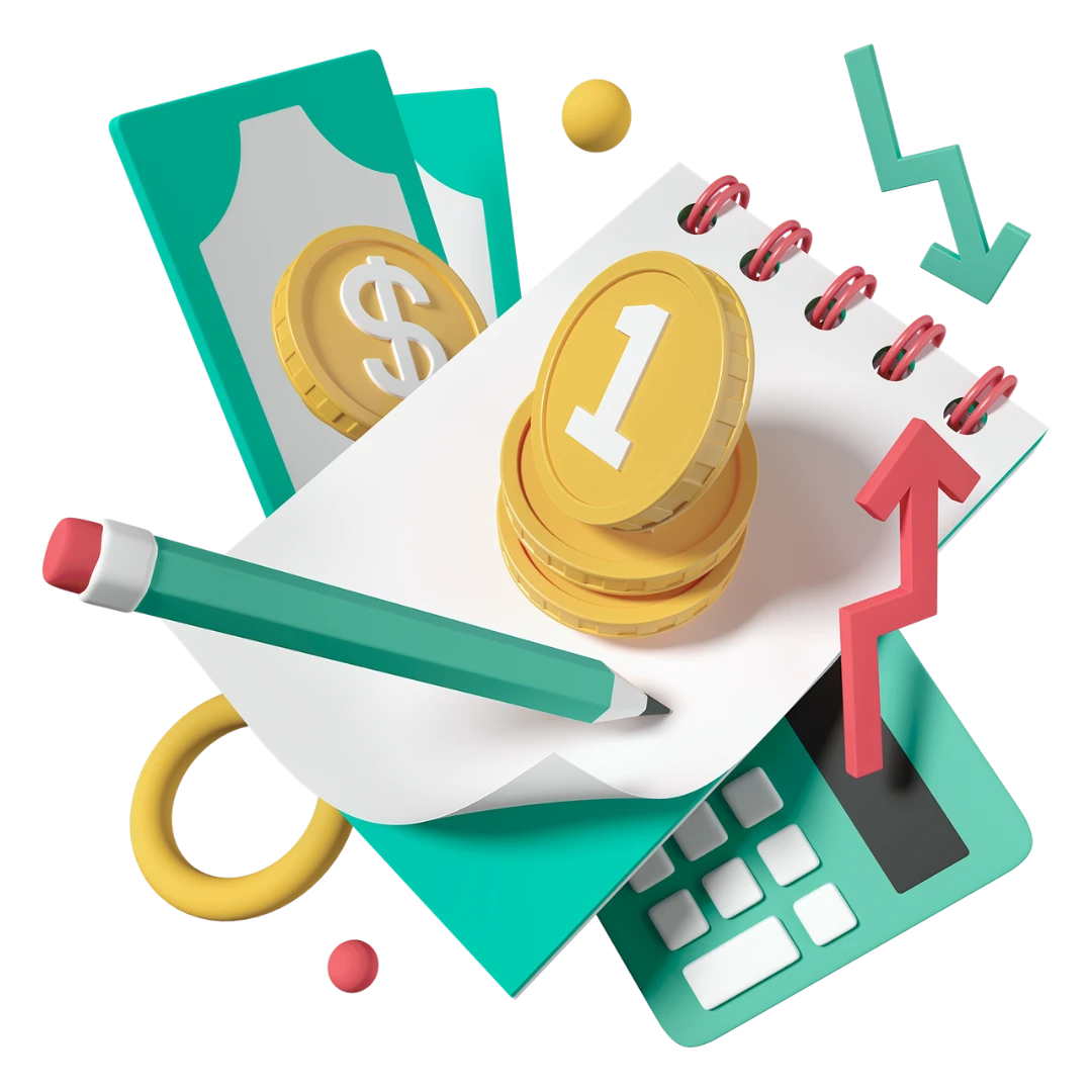 3D gold coins, ledger and calculator representing outsourced bookkeeping
