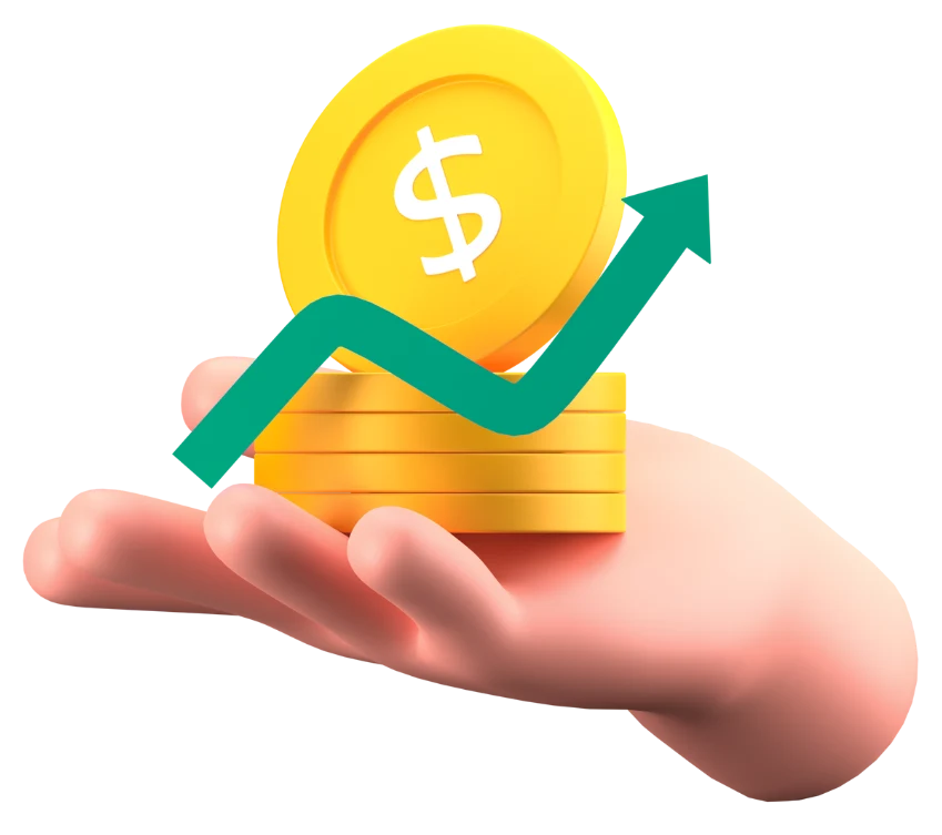 3D hand holding gold coins with a rising growth arrow